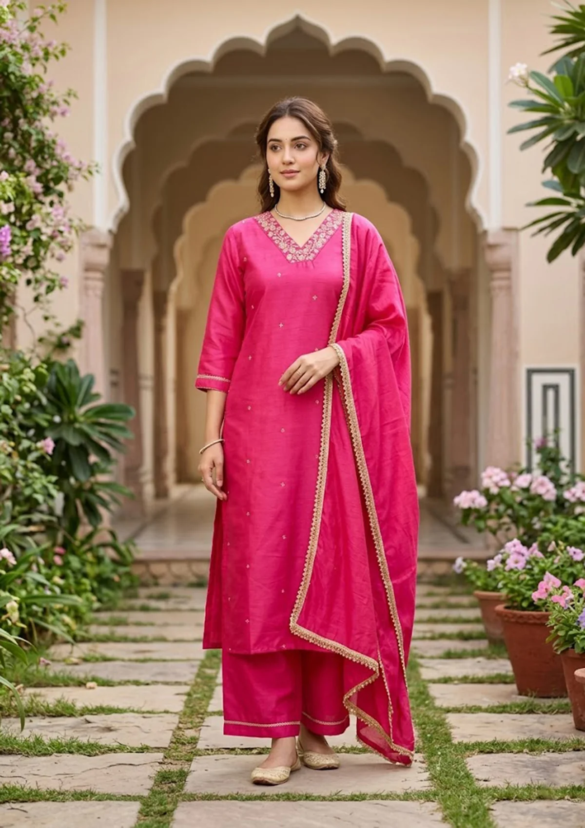 Magenta Pink Art Silk Cording Straight Kurta With Regular Pant And Dupatta